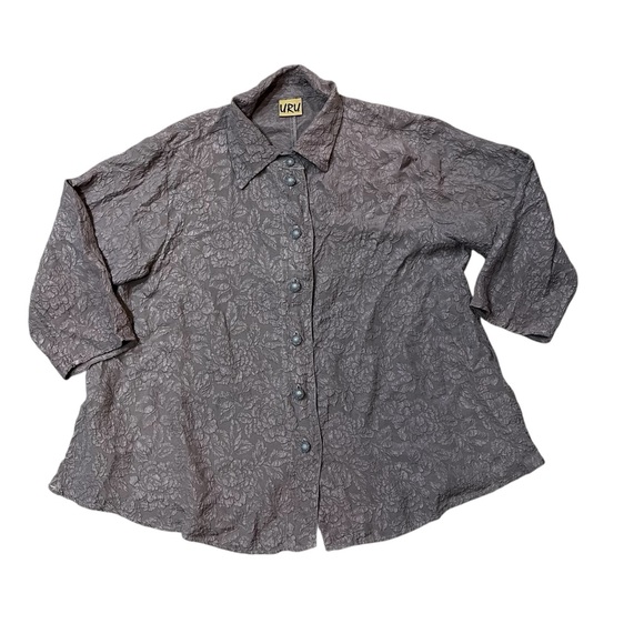 URU Women’s Shirt Purple Gray Country Textured Silk One Size Fits 14-18 - Picture 2 of 7